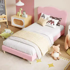 Struttura Letto Singolo Imbottita per Bambini con Testiera a Scollature, Grazioso Letto Singolo in Velluto per Bambine e Bambini, Robusto Letto a Piattaforma, Rosa