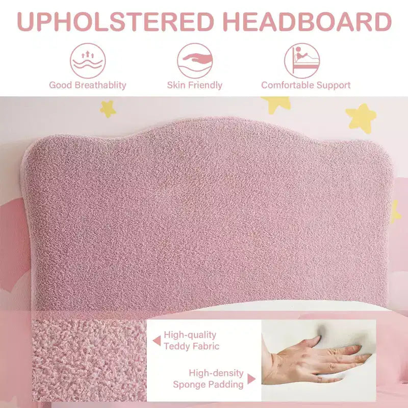 Struttura Letto Singolo Imbottita per Bambini con Testiera a Scollature, Grazioso Letto Singolo in Velluto per Bambine e Bambini, Robusto Letto a Piattaforma, Rosa