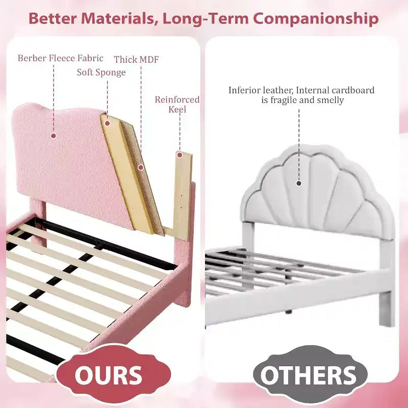 Struttura Letto Singolo Imbottita per Bambini con Testiera a Scollature, Grazioso Letto Singolo in Velluto per Bambine e Bambini, Robusto Letto a Piattaforma, Rosa
