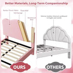 Struttura Letto Singolo Imbottita per Bambini con Testiera a Scollature, Grazioso Letto Singolo in Velluto per Bambine e Bambini, Robusto Letto a Piattaforma, Rosa