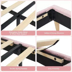 Struttura Letto Singolo Imbottita per Bambini con Testiera a Scollature, Grazioso Letto Singolo in Velluto per Bambine e Bambini, Robusto Letto a Piattaforma, Rosa