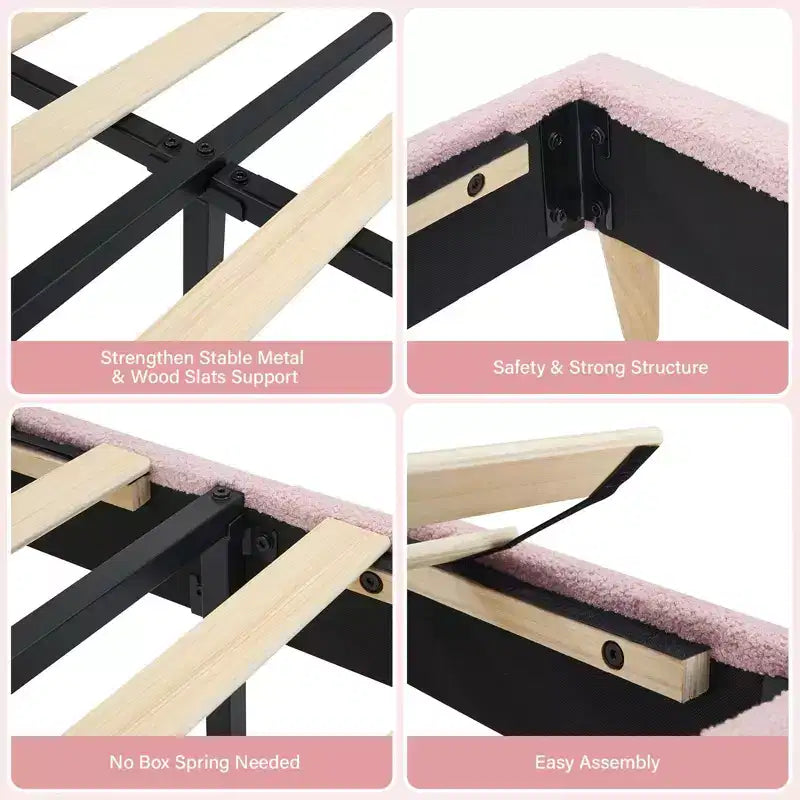 Struttura Letto Singolo Imbottita per Bambini con Testiera a Scollature, Grazioso Letto Singolo in Velluto per Bambine e Bambini, Robusto Letto a Piattaforma, Rosa
