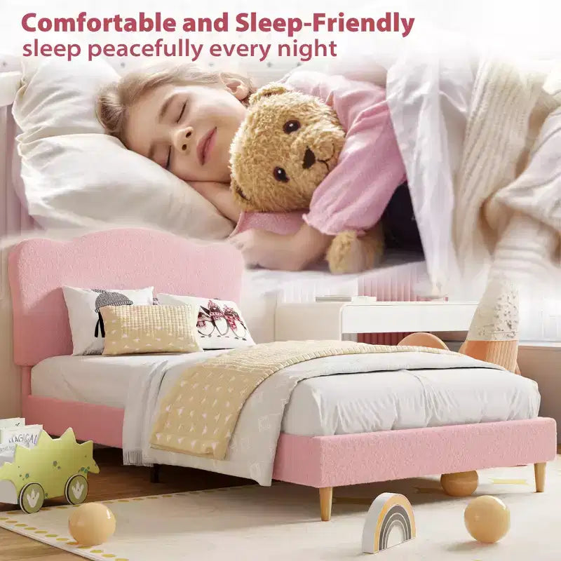 Struttura Letto Singolo Imbottita per Bambini con Testiera a Scollature, Grazioso Letto Singolo in Velluto per Bambine e Bambini, Robusto Letto a Piattaforma, Rosa