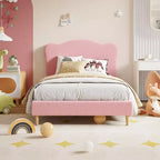 Struttura Letto Singolo Imbottita per Bambini con Testiera a Scollature, Grazioso Letto Singolo in Velluto per Bambine e Bambini, Robusto Letto a Piattaforma, Rosa