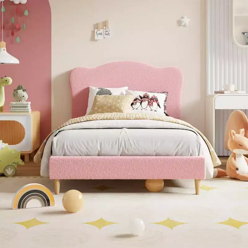 Struttura Letto Singolo Imbottita per Bambini con Testiera a Scollature, Grazioso Letto Singolo in Velluto per Bambine e Bambini, Robusto Letto a Piattaforma, Rosa