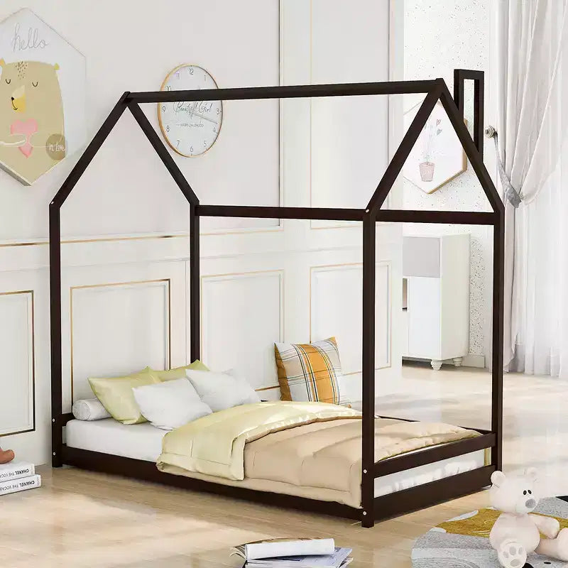 Letto a Piattaforma Matrimoniale/Una Piazza e Mezza, Letto a Terra in Legno, Struttura a Forma di Casina con Tetto per Cameretta Ragazzi e Ragazze (Doghe Non Incluse)