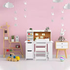 Scrivania e sedia bianche da studio con libreria, bacheca e mobiletti - Ideale per bambini e bambine dai 3 agli 8 anni