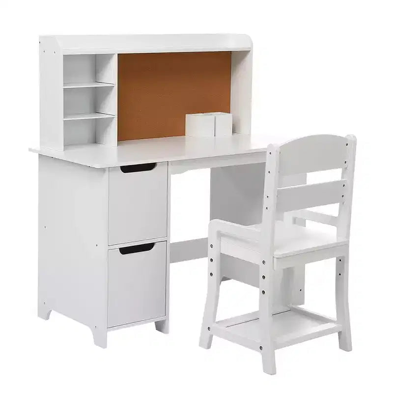 Scrivania e sedia bianche da studio con libreria, bacheca e mobiletti - Ideale per bambini e bambine dai 3 agli 8 anni