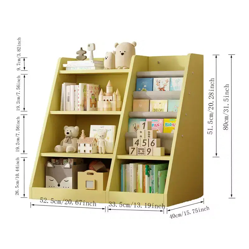 Mobile armadio contenitore per giocattoli in legno giallo, libreria per bambini, libreria per bambini piccoli, scaffale portariviste per bambini