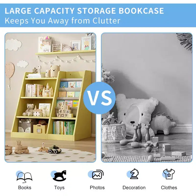 Mobile armadio contenitore per giocattoli in legno giallo, libreria per bambini, libreria per bambini piccoli, scaffale portariviste per bambini