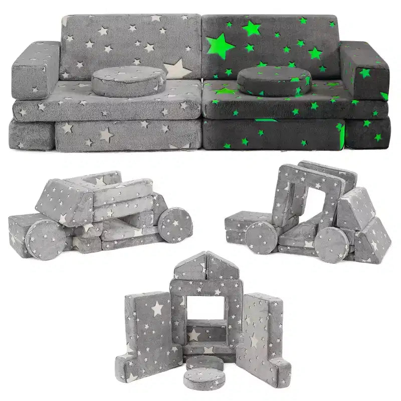 Divano modulare grande per bambini da 12 pezzi con stelle fluorescenti al buio, in schiuma convertibile e cuscino da pavimento per bambini e bambine