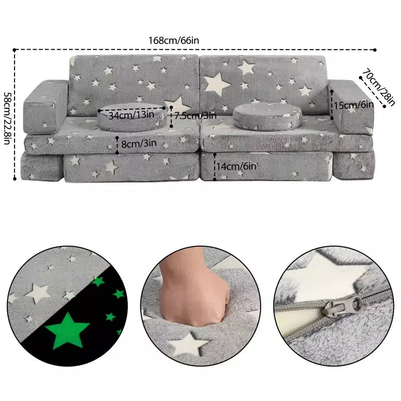 Divano modulare grande per bambini da 12 pezzi con stelle fluorescenti al buio, in schiuma convertibile e cuscino da pavimento per bambini e bambine