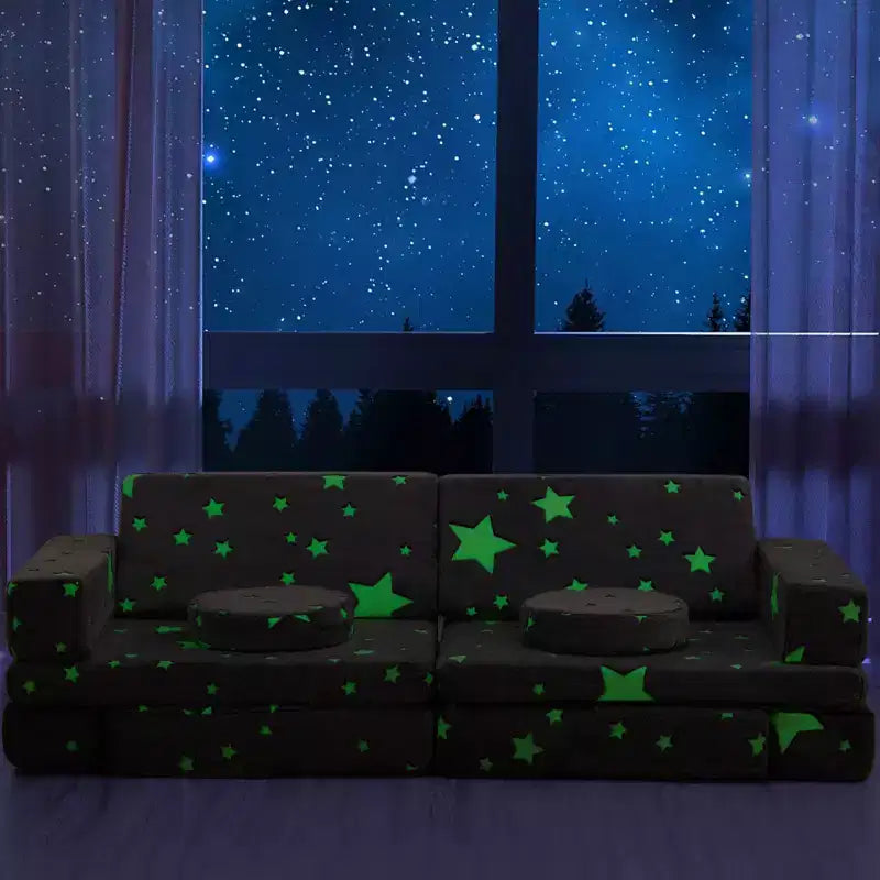 Divano modulare grande per bambini da 12 pezzi con stelle fluorescenti al buio, in schiuma convertibile e cuscino da pavimento per bambini e bambine