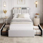 Struttura letto matrimoniale/una piazza e mezza/queen size con testiera contenitore, struttura letto per ragazze con 2 cassetti, letto a piattaforma imbottito in bouclé con libreria
