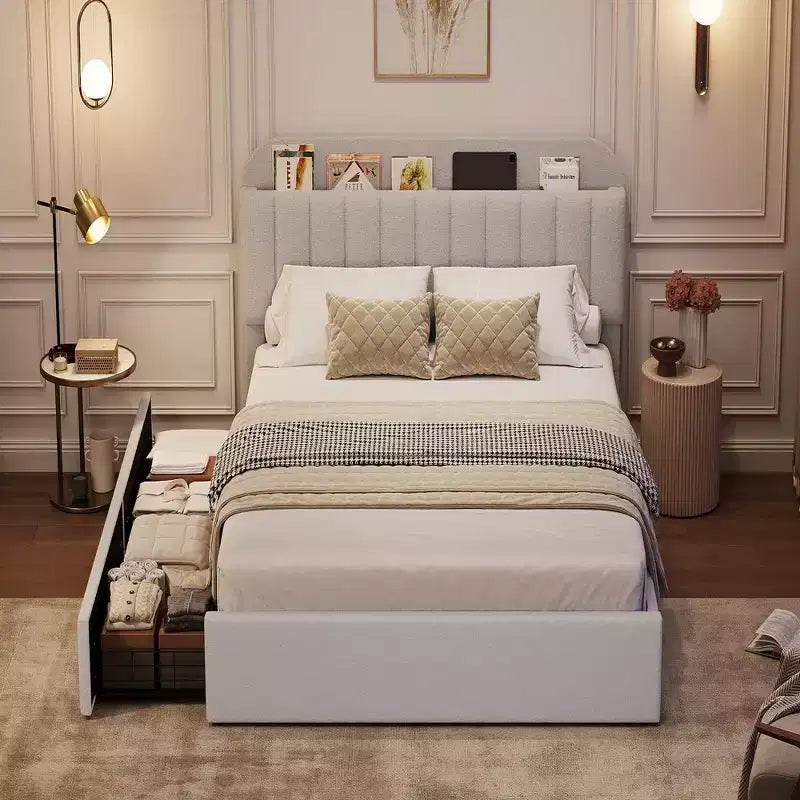 Struttura letto matrimoniale/una piazza e mezza/queen size con testiera contenitore, struttura letto per ragazze con 2 cassetti, letto a piattaforma imbottito in bouclé con libreria
