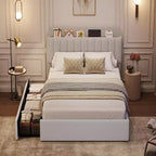 Struttura letto matrimoniale/una piazza e mezza/queen size con testiera contenitore, struttura letto per ragazze con 2 cassetti, letto a piattaforma imbottito in bouclé con libreria