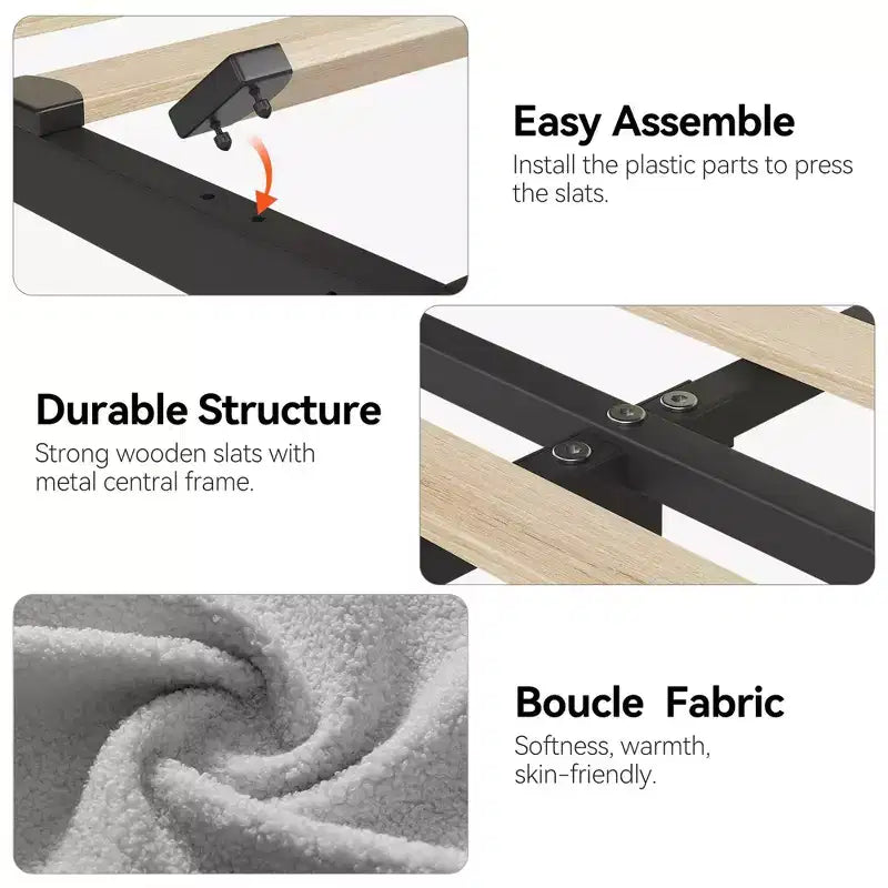 Struttura letto matrimoniale/una piazza e mezza/queen size con testiera contenitore, struttura letto per ragazze con 2 cassetti, letto a piattaforma imbottito in bouclé con libreria