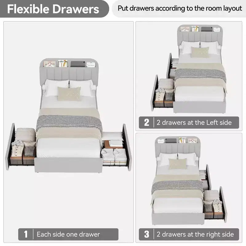 Struttura letto matrimoniale/una piazza e mezza/queen size con testiera contenitore, struttura letto per ragazze con 2 cassetti, letto a piattaforma imbottito in bouclé con libreria