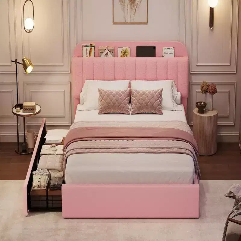 Struttura letto matrimoniale/una piazza e mezza/queen size con testiera contenitore, struttura letto per ragazze con 2 cassetti, letto a piattaforma imbottito in bouclé con libreria
