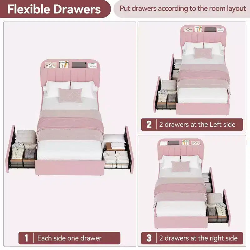 Struttura letto matrimoniale/una piazza e mezza/queen size con testiera contenitore, struttura letto per ragazze con 2 cassetti, letto a piattaforma imbottito in bouclé con libreria