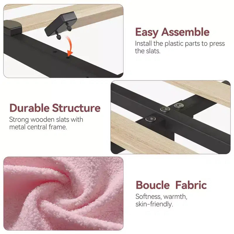 Struttura letto matrimoniale/una piazza e mezza/queen size con testiera contenitore, struttura letto per ragazze con 2 cassetti, letto a piattaforma imbottito in bouclé con libreria