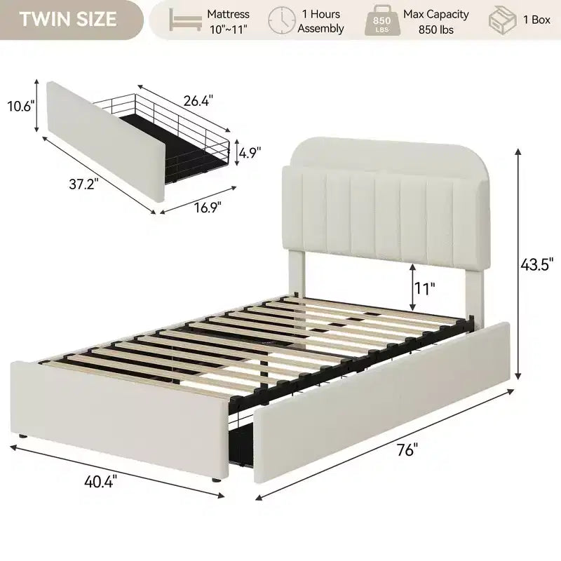 Struttura letto matrimoniale/una piazza e mezza/queen size con testiera contenitore, struttura letto per ragazze con 2 cassetti, letto a piattaforma imbottito in bouclé con libreria