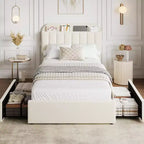 Struttura letto matrimoniale/una piazza e mezza/queen size con testiera contenitore, struttura letto per ragazze con 2 cassetti, letto a piattaforma imbottito in bouclé con libreria