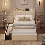 Struttura letto matrimoniale/una piazza e mezza/queen size con testiera contenitore, struttura letto per ragazze con 2 cassetti, letto a piattaforma imbottito in bouclé con libreria