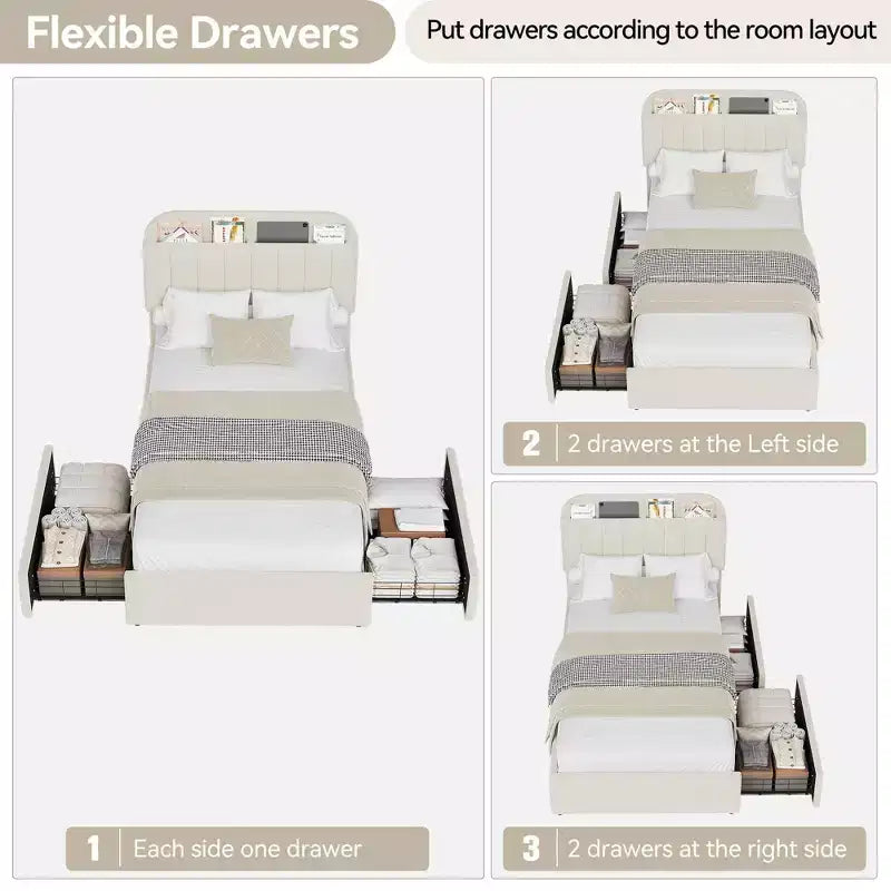 Struttura letto matrimoniale/una piazza e mezza/queen size con testiera contenitore, struttura letto per ragazze con 2 cassetti, letto a piattaforma imbottito in bouclé con libreria