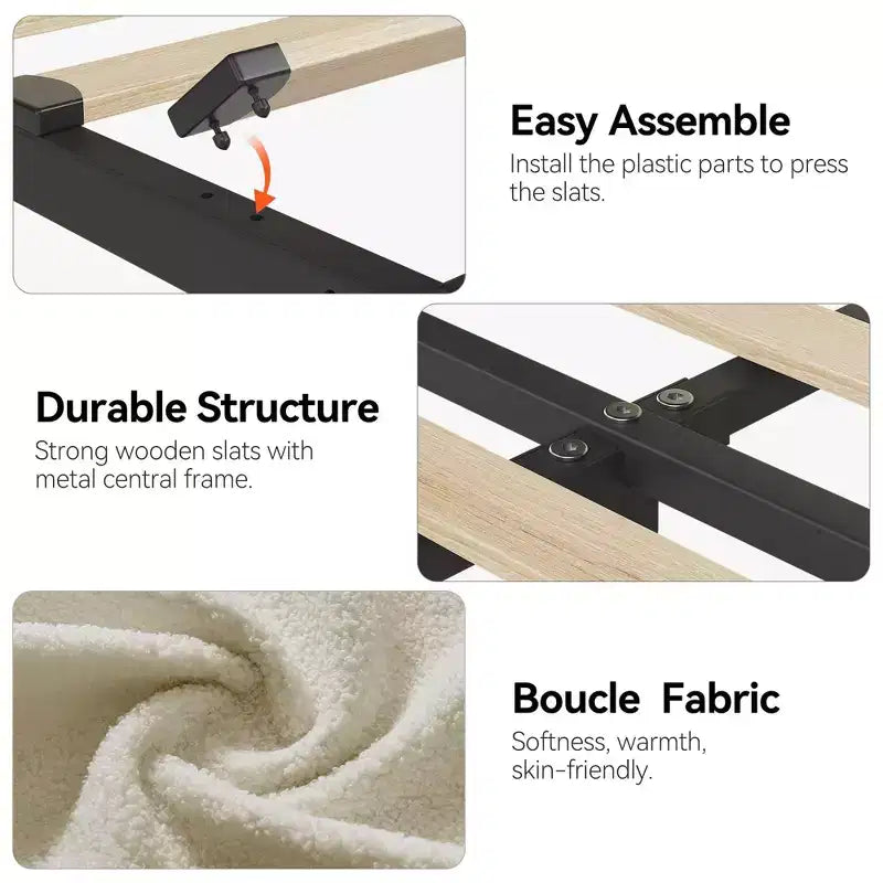 Struttura letto matrimoniale/una piazza e mezza/queen size con testiera contenitore, struttura letto per ragazze con 2 cassetti, letto a piattaforma imbottito in bouclé con libreria