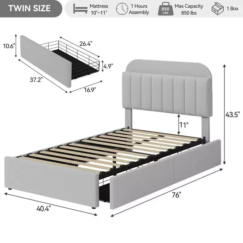 Struttura letto matrimoniale/una piazza e mezza/queen size con testiera contenitore, struttura letto per ragazze con 2 cassetti, letto a piattaforma imbottito in bouclé con libreria