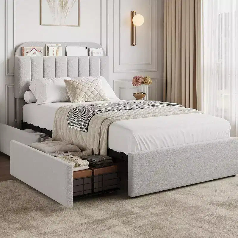 Struttura letto matrimoniale/una piazza e mezza/queen size con testiera contenitore, struttura letto per ragazze con 2 cassetti, letto a piattaforma imbottito in bouclé con libreria