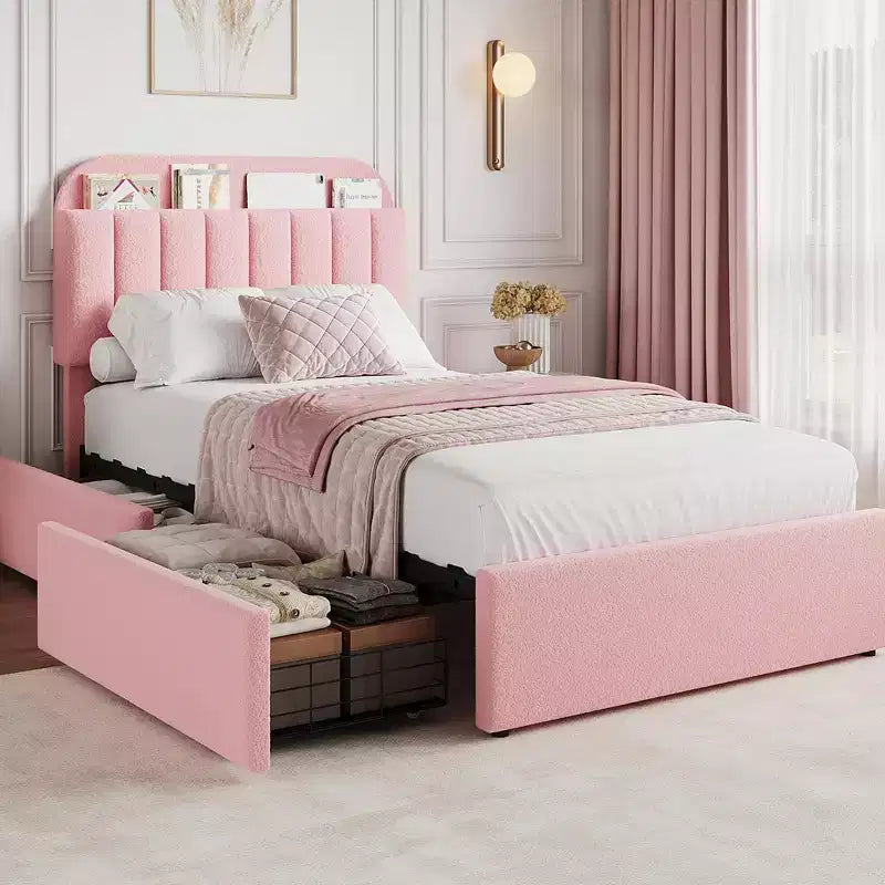 Struttura letto matrimoniale/una piazza e mezza/queen size con testiera contenitore, struttura letto per ragazze con 2 cassetti, letto a piattaforma imbottito in bouclé con libreria