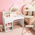 Toeletta per Bambini con Specchio Illuminato a LED, Tavolo e Sedia per Toeletta da Principessa 2-in-1 con Libreria, Mobiletto e Ripiani per Bambine