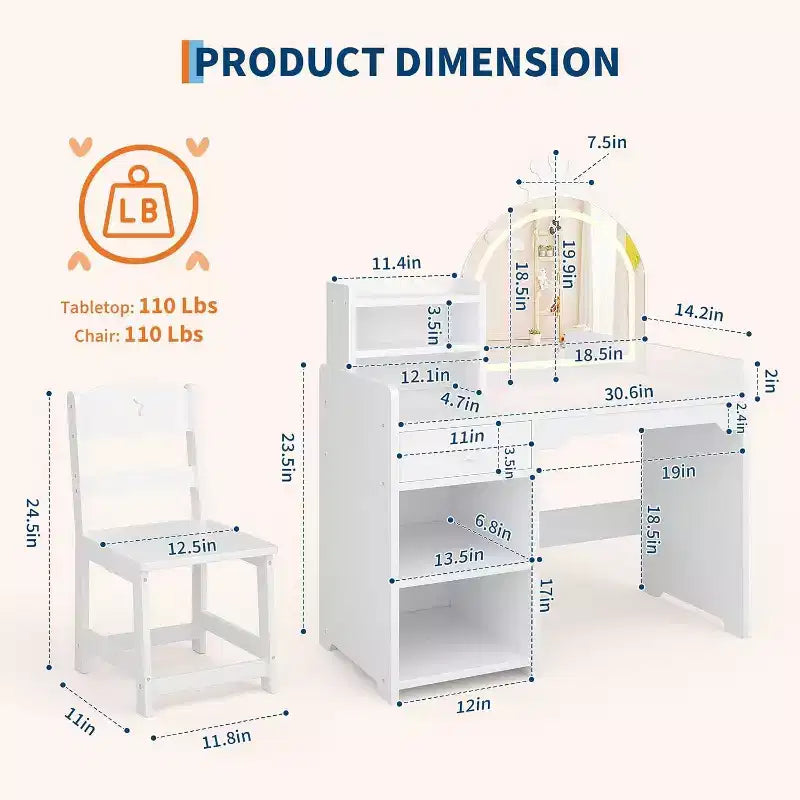Toeletta per Bambini con Specchio Illuminato a LED, Tavolo e Sedia per Toeletta da Principessa 2-in-1 con Libreria, Mobiletto e Ripiani per Bambine