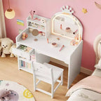 Toeletta per Bambini con Specchio Illuminato a LED, Tavolo e Sedia per Toeletta da Principessa 2-in-1 con Libreria, Mobiletto e Ripiani per Bambine