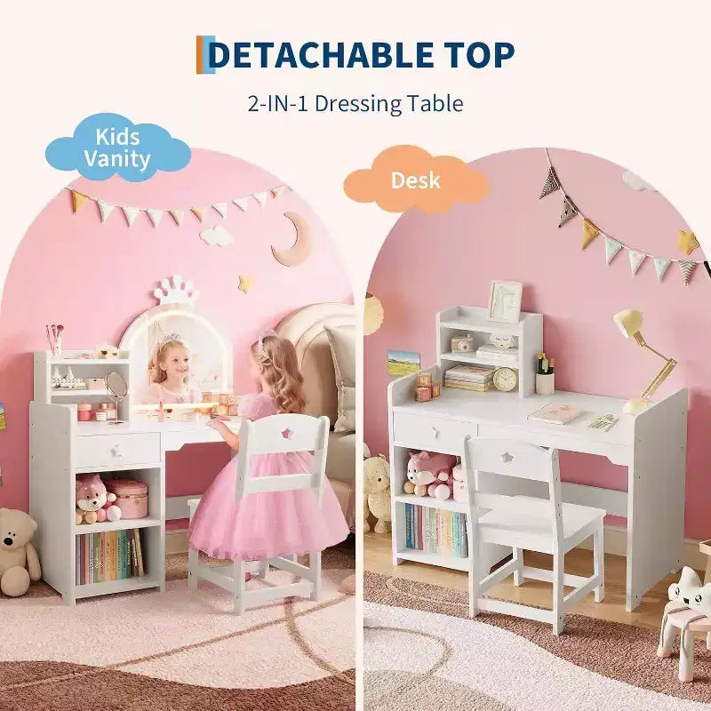 Toeletta per Bambini con Specchio Illuminato a LED, Tavolo e Sedia per Toeletta da Principessa 2-in-1 con Libreria, Mobiletto e Ripiani per Bambine