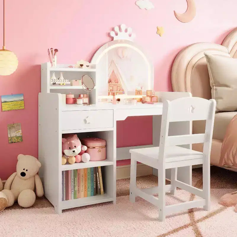 Toeletta per Bambini con Specchio Illuminato a LED, Tavolo e Sedia per Toeletta da Principessa 2-in-1 con Libreria, Mobiletto e Ripiani per Bambine