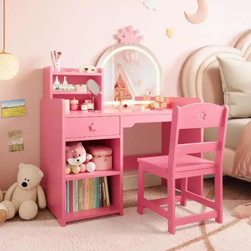 Toeletta per Bambini con Specchio Illuminato a LED, Tavolo e Sedia per Toeletta da Principessa 2-in-1 con Libreria, Mobiletto e Ripiani per Bambine