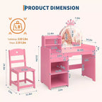 Toeletta per Bambini con Specchio Illuminato a LED, Tavolo e Sedia per Toeletta da Principessa 2-in-1 con Libreria, Mobiletto e Ripiani per Bambine