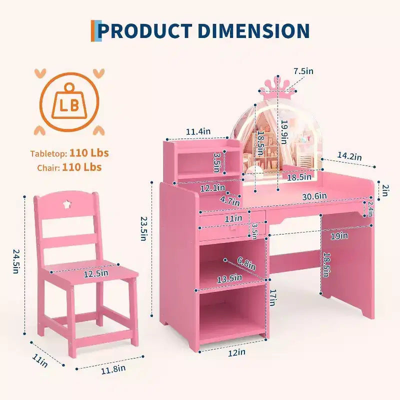 Toeletta per Bambini con Specchio Illuminato a LED, Tavolo e Sedia per Toeletta da Principessa 2-in-1 con Libreria, Mobiletto e Ripiani per Bambine