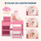 Toeletta per Bambini con Specchio Illuminato a LED, Tavolo e Sedia per Toeletta da Principessa 2-in-1 con Libreria, Mobiletto e Ripiani per Bambine