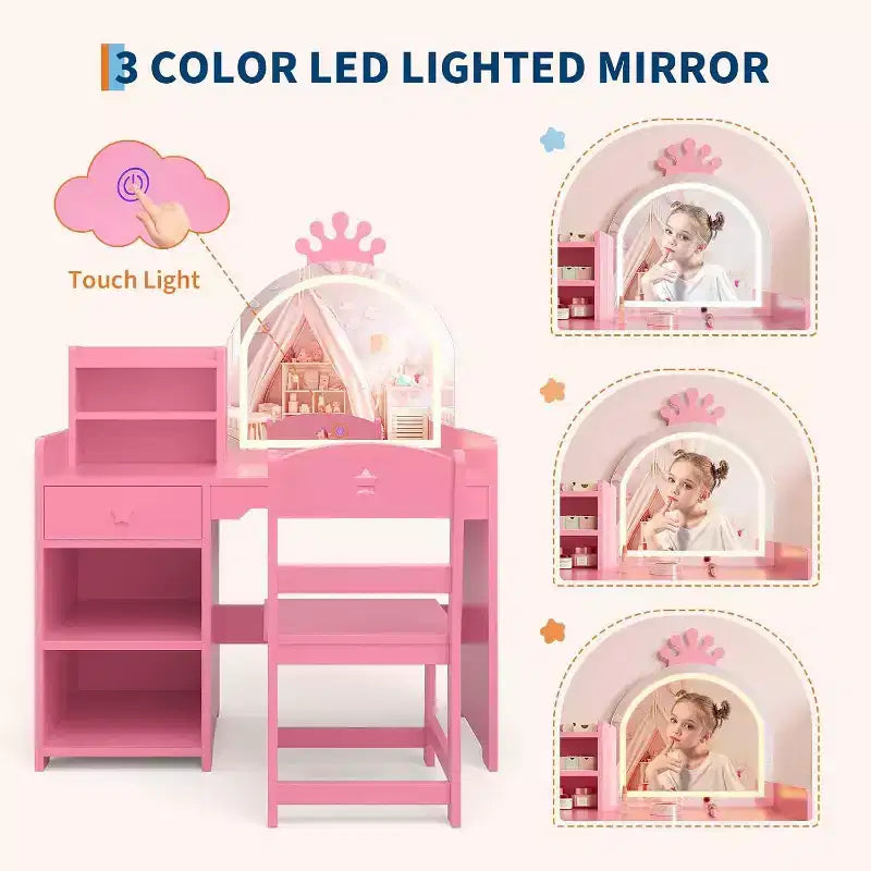 Toeletta per Bambini con Specchio Illuminato a LED, Tavolo e Sedia per Toeletta da Principessa 2-in-1 con Libreria, Mobiletto e Ripiani per Bambine