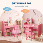 Toeletta per Bambini con Specchio Illuminato a LED, Tavolo e Sedia per Toeletta da Principessa 2-in-1 con Libreria, Mobiletto e Ripiani per Bambine