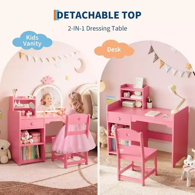 Toeletta per Bambini con Specchio Illuminato a LED, Tavolo e Sedia per Toeletta da Principessa 2-in-1 con Libreria, Mobiletto e Ripiani per Bambine