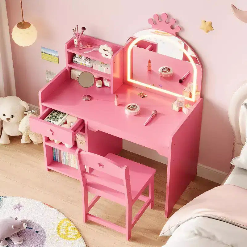 Toeletta per Bambini con Specchio Illuminato a LED, Tavolo e Sedia per Toeletta da Principessa 2-in-1 con Libreria, Mobiletto e Ripiani per Bambine