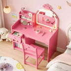 Toeletta per Bambini con Specchio Illuminato a LED, Tavolo e Sedia per Toeletta da Principessa 2-in-1 con Libreria, Mobiletto e Ripiani per Bambine