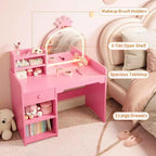 Toeletta per Bambini con Specchio Illuminato a LED, Tavolo e Sedia per Toeletta da Principessa 2-in-1 con Libreria, Mobiletto e Ripiani per Bambine