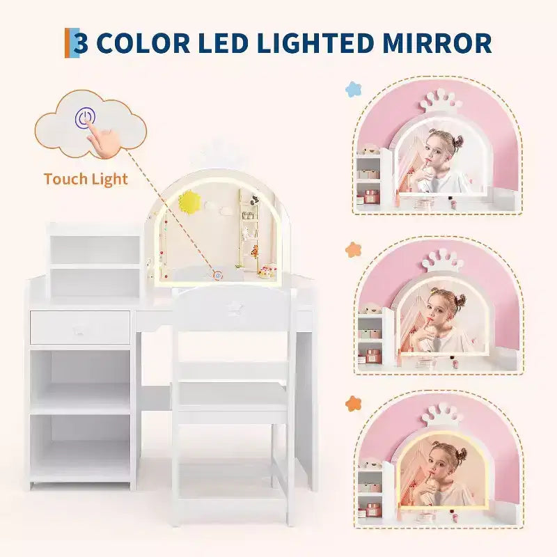Toeletta per Bambini con Specchio Illuminato a LED, Tavolo e Sedia per Toeletta da Principessa 2-in-1 con Libreria, Mobiletto e Ripiani per Bambine