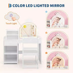 Toeletta per Bambini con Specchio Illuminato a LED, Tavolo e Sedia per Toeletta da Principessa 2-in-1 con Libreria, Mobiletto e Ripiani per Bambine